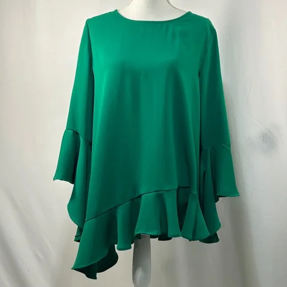 Alfani Womens Green Ruffle Trim Bell Sleeve Asymmetrical Blouse Top Size L - Picture 1 of 8